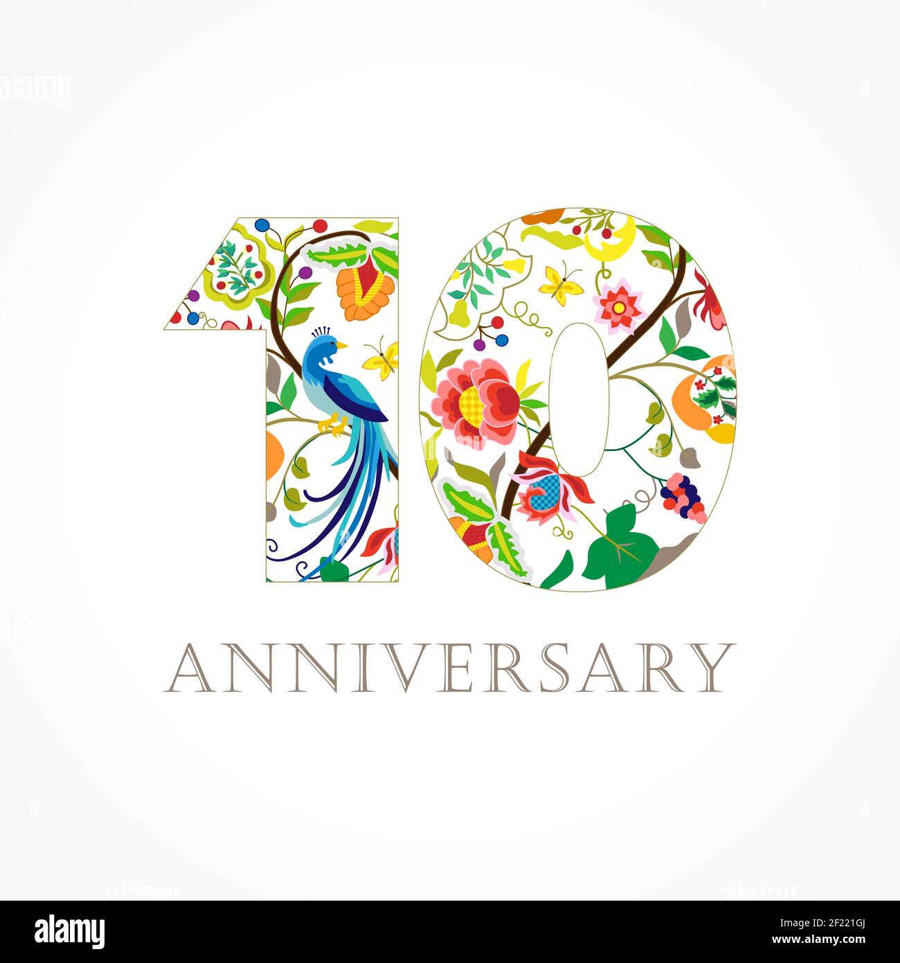 10 Jahre alt luxuriös feiern Folk-Logo. Vorlage farbige 10 th Happy Jahrestag Grüße, Ethnien Blumen, Pflanzen, Paradies Vögel. Satz trad Stock Vektor