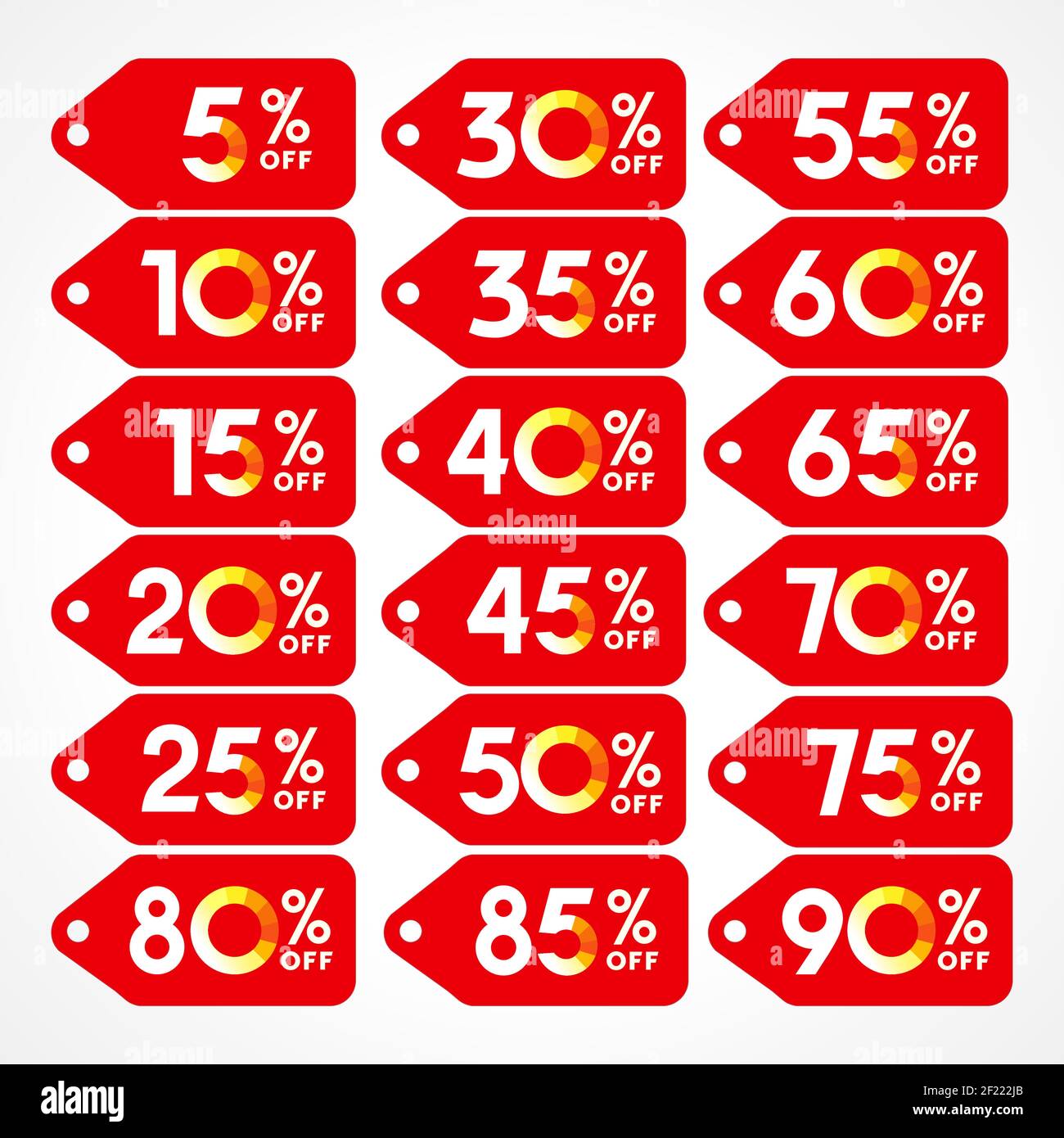 Satz Vektorrabatte. Preislisten Etiketten, rotes Logo mit Stanzen. 5th, 10th, 15th, 20th, 25th, 30th, 35th, 40th, 45th, 50th, 55th, 60th, 65th, 7 Stock Vektor