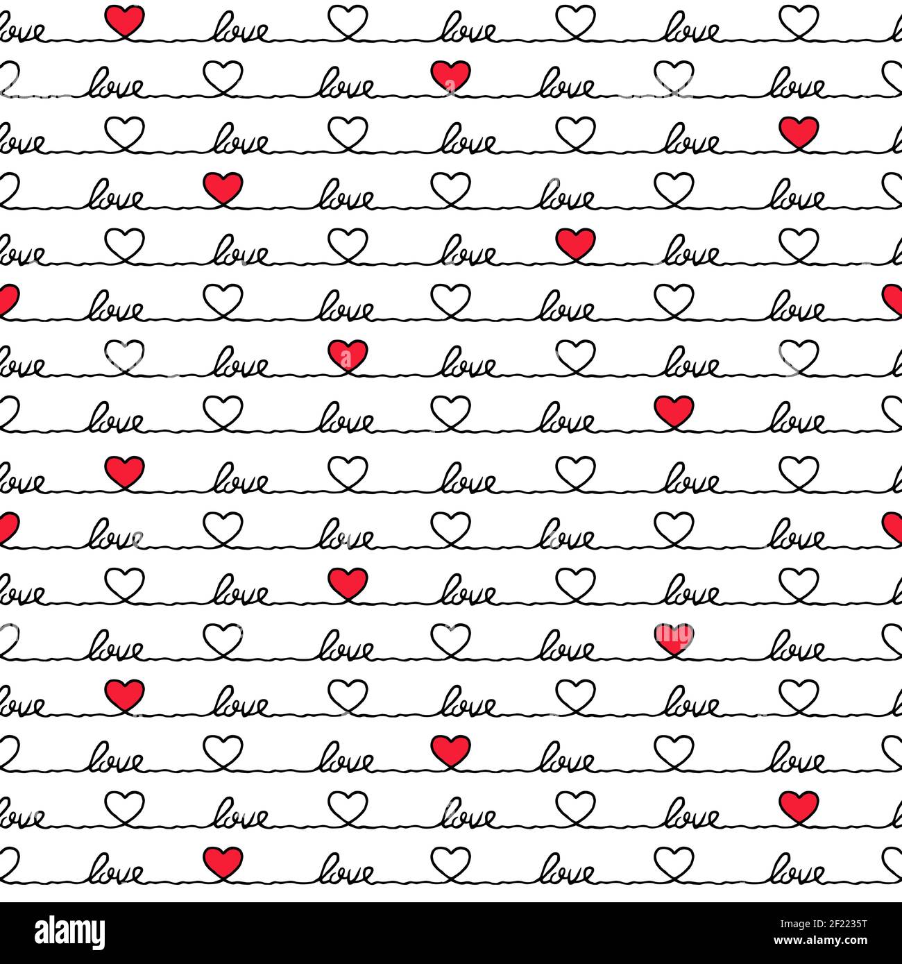 Red valentinstag Herz Form Cartoon nahtlose Muster. Liebeszitat, romantische Doodle Hintergrund für Urlaub drucken oder Hochzeit Konzept. Stock Vektor