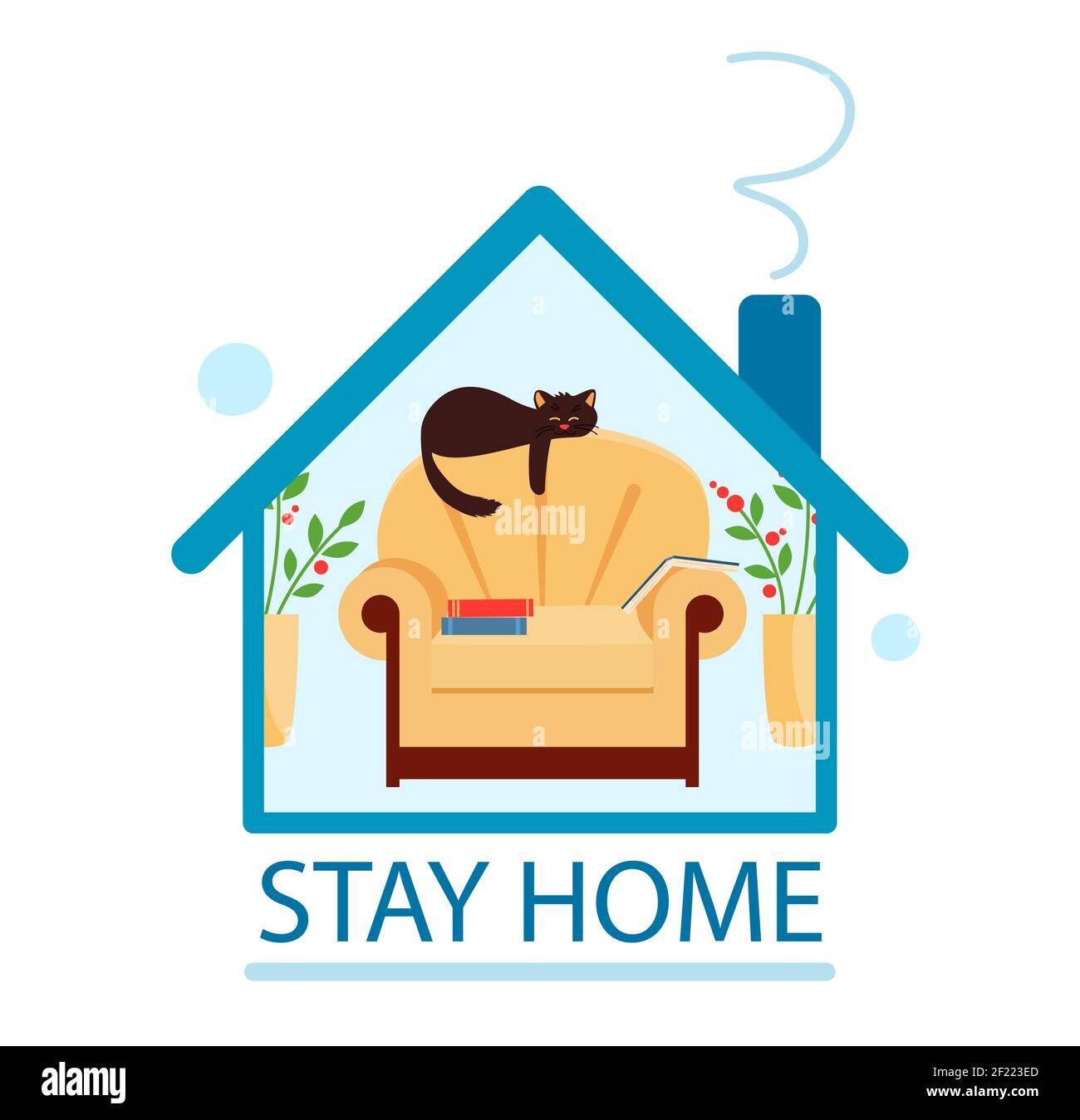 Bleib zu Hause. Konzept des gemütlichen Hauses und Lesen in Coronavirus. Nette Katze schläft auf Stuhl. Vektorgrafik im flachen Stil. Stock Vektor