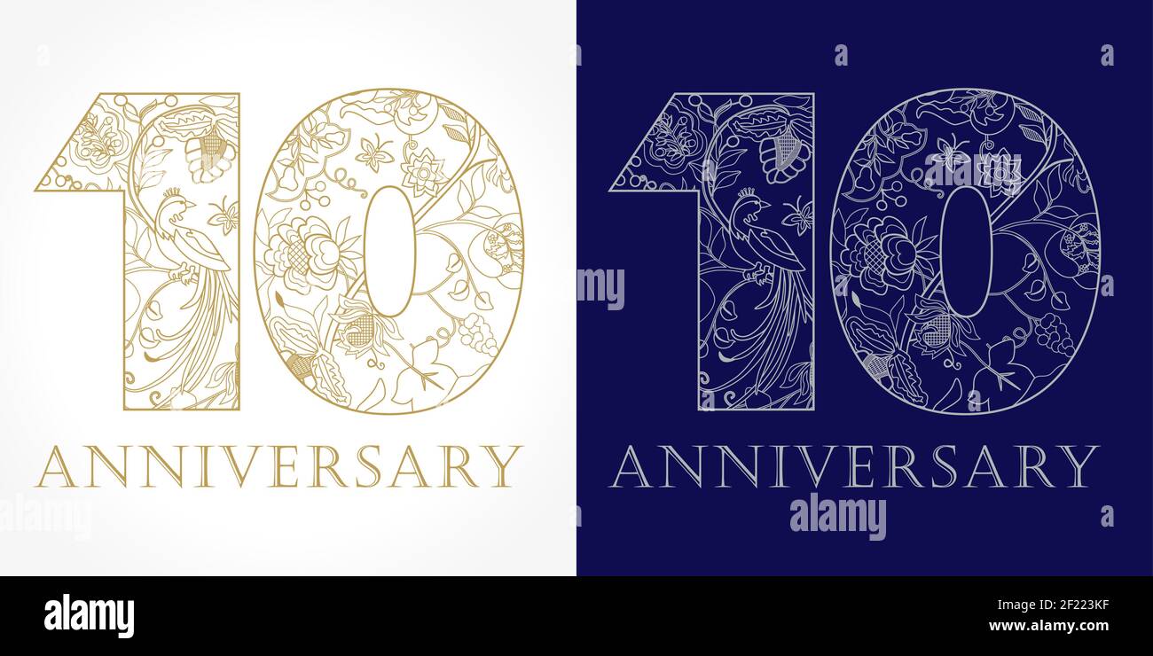 Kreatives Logo Konzept des 10th-jährigen Jubiläums in ethnischen Mustern und Paradiesvögeln. Isolierte abstrakte Grafik-Design-Vorlage. Top-10-Schild. Stock Vektor