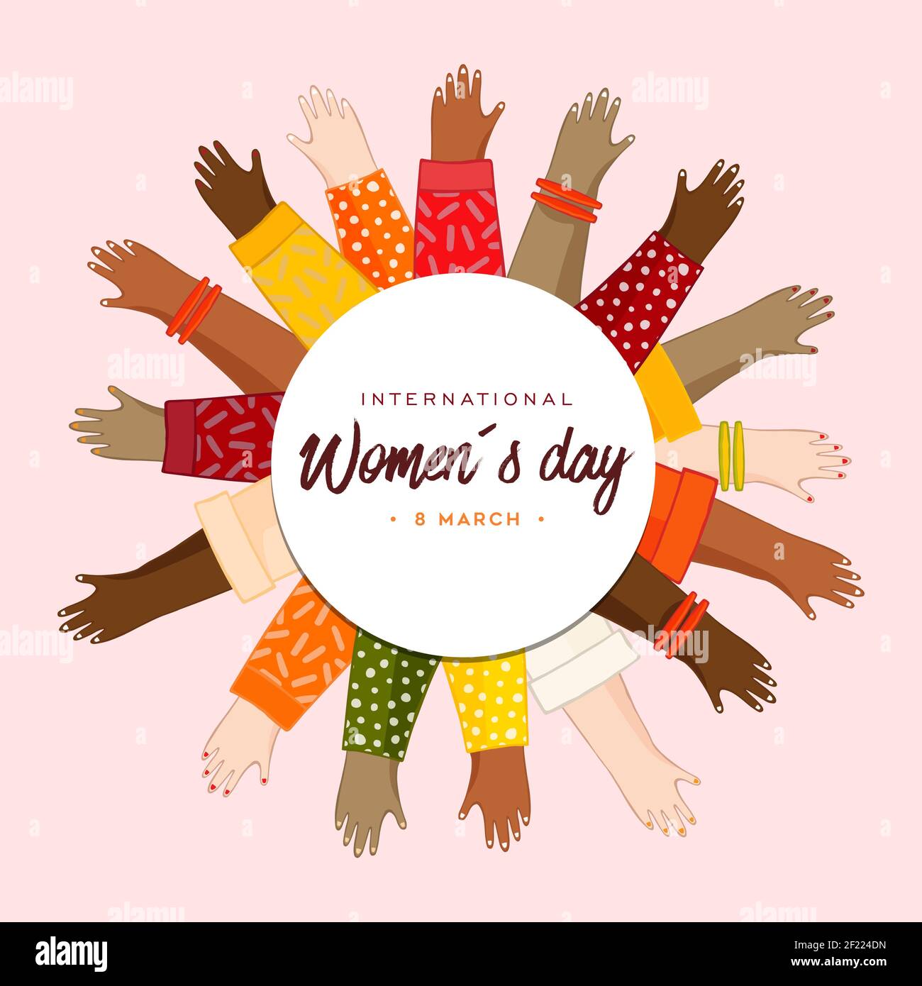 Internationaler Frauentag Grußkarte Illustration von verschiedenen Frauen Hände vereint für Frauenrechtskampagne oder Frau Freiheit Urlaub Veranstaltung. Stock Vektor