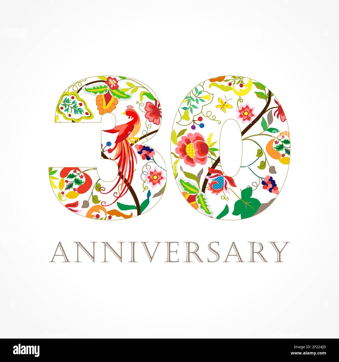 30 Jahre alt luxuriös feiern Folk-Logo. Vorlage farbige 30 th Happy Jahrestag Grüße, Ethnien Blumen, Pflanzen, Paradies Vögel. Satz trad Stock Vektor