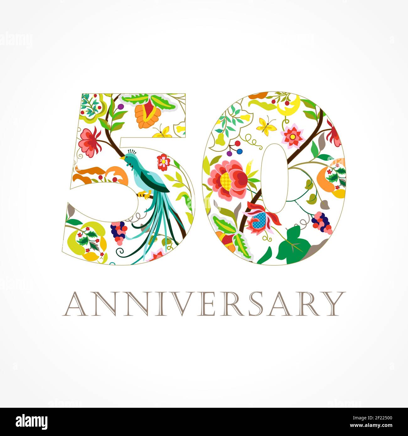 50 Jahre alt luxuriös feiern Folk-Logo. Vorlage farbige 50 th Happy Jahrestag Grüße, Ethnien Blumen, Pflanzen, Paradies Vögel. Satz trad Stock Vektor