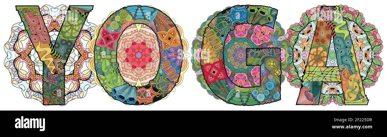 Handgemaltes Kunstdesign. Handgezeichnete Illustration Mandala mit Wort Yoga für Dekoration Stock Vektor