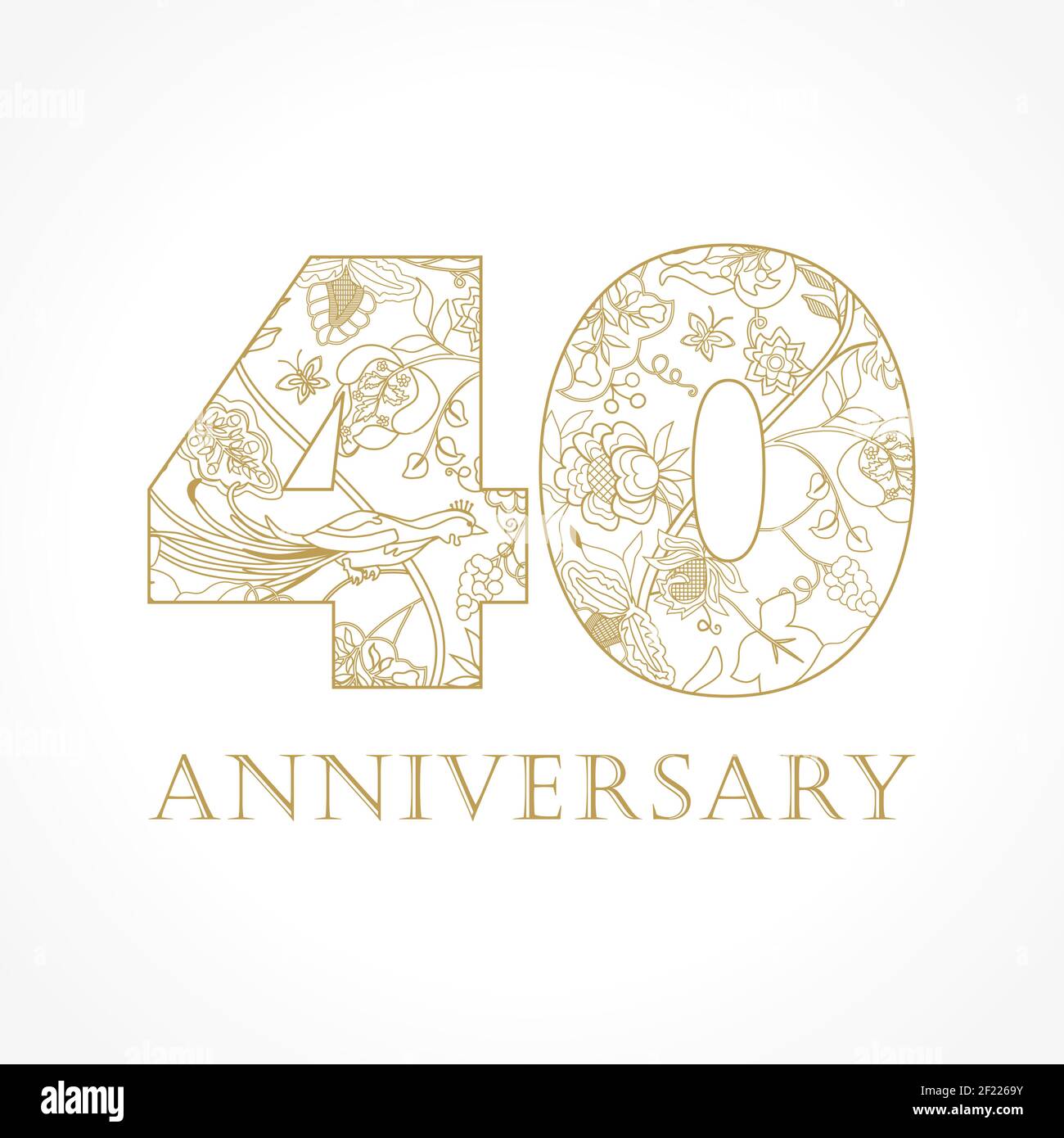 Kreatives Logo Konzept des 40th-jährigen Jubiläums in ethnischen Mustern und Paradiesvögeln. Isolierte abstrakte Grafik-Design-Vorlage. Top-40-Schild. Stock Vektor