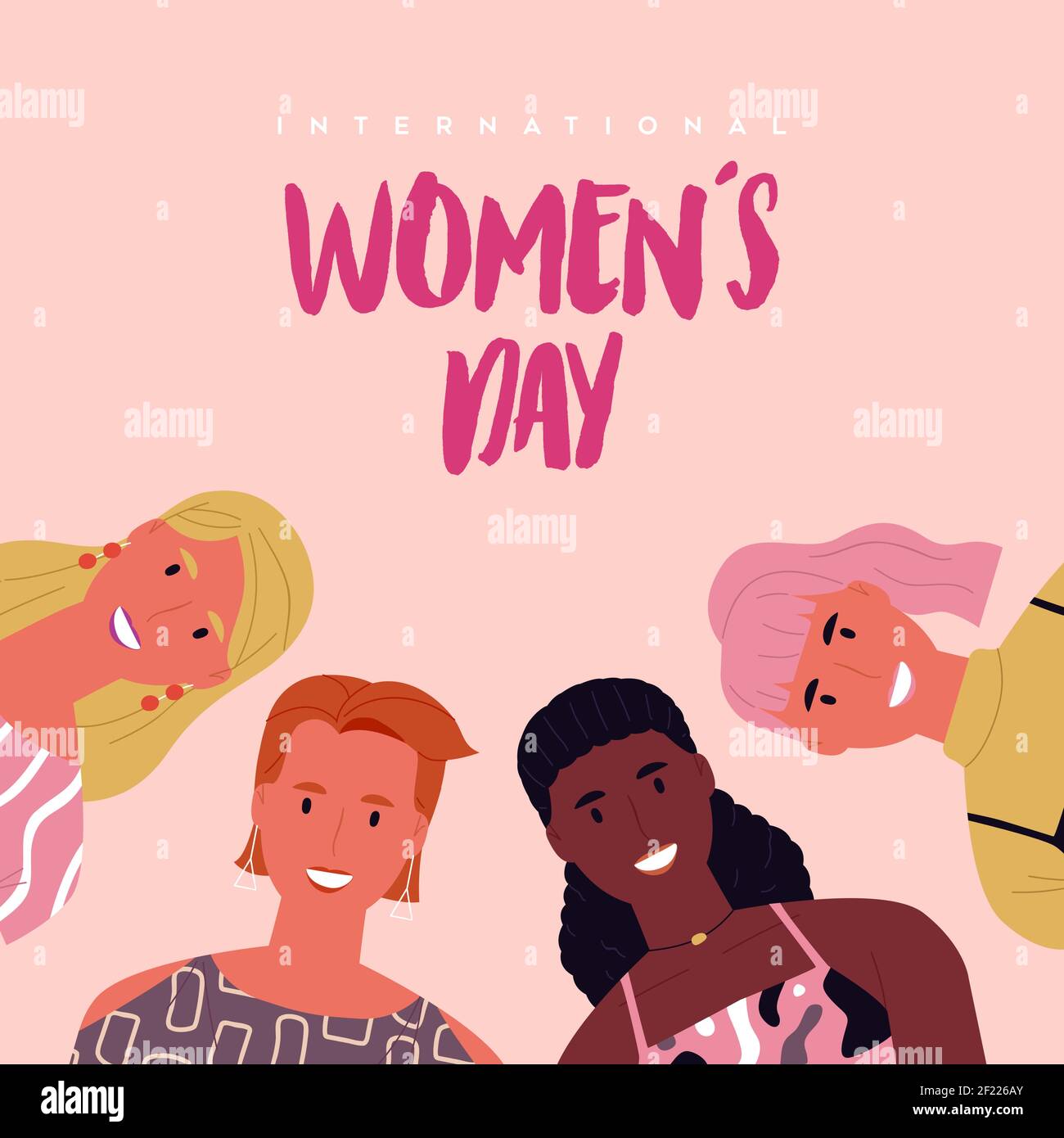 Internationaler Frauentag Grußkarte Illustration von verschiedenen jungen Frauen Charaktere für besondere Frauenrechte Event Urlaub oder feministische Kampagne Des Stock Vektor