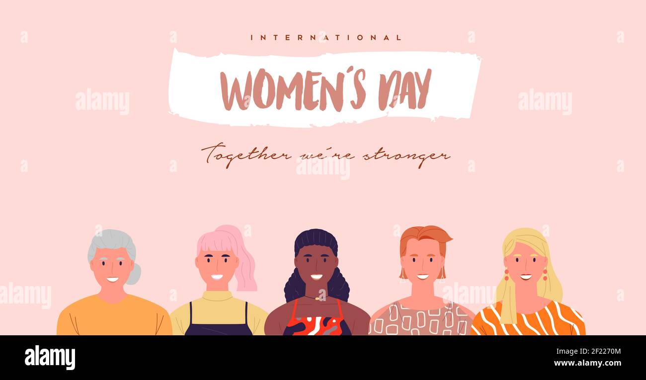 Internationaler Frauentag Grußkarte Illustration. Verschiedene Frauen unterschiedlicher Kulturen und Alter. Moderne flache Cartoon weibliche Charaktere zusammen für Stock Vektor