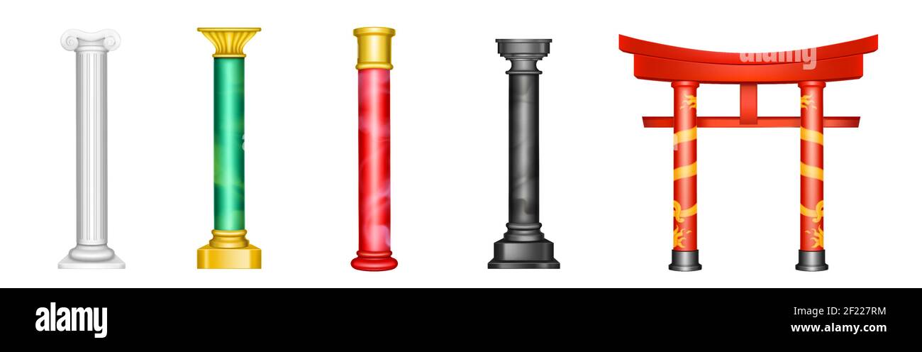 Antike Säulen, antike Säulen mit goldener Dekoration und roter, grüner, weißer oder schwarzer Textur. Römisches, chinesisches oder arabisches Dekor, luxuriöse Architekturelemente, realistisches 3D Vektor isoliertes Set Stock Vektor