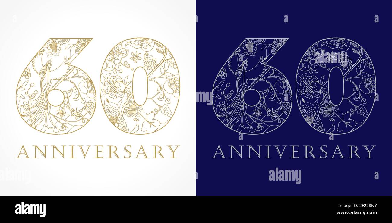Kreatives Logo Konzept des 60th-jährigen Jubiläums in ethnischen Mustern und Paradiesvögeln. Isolierte abstrakte Grafik-Design-Vorlage. Top-60-Schild. Stock Vektor