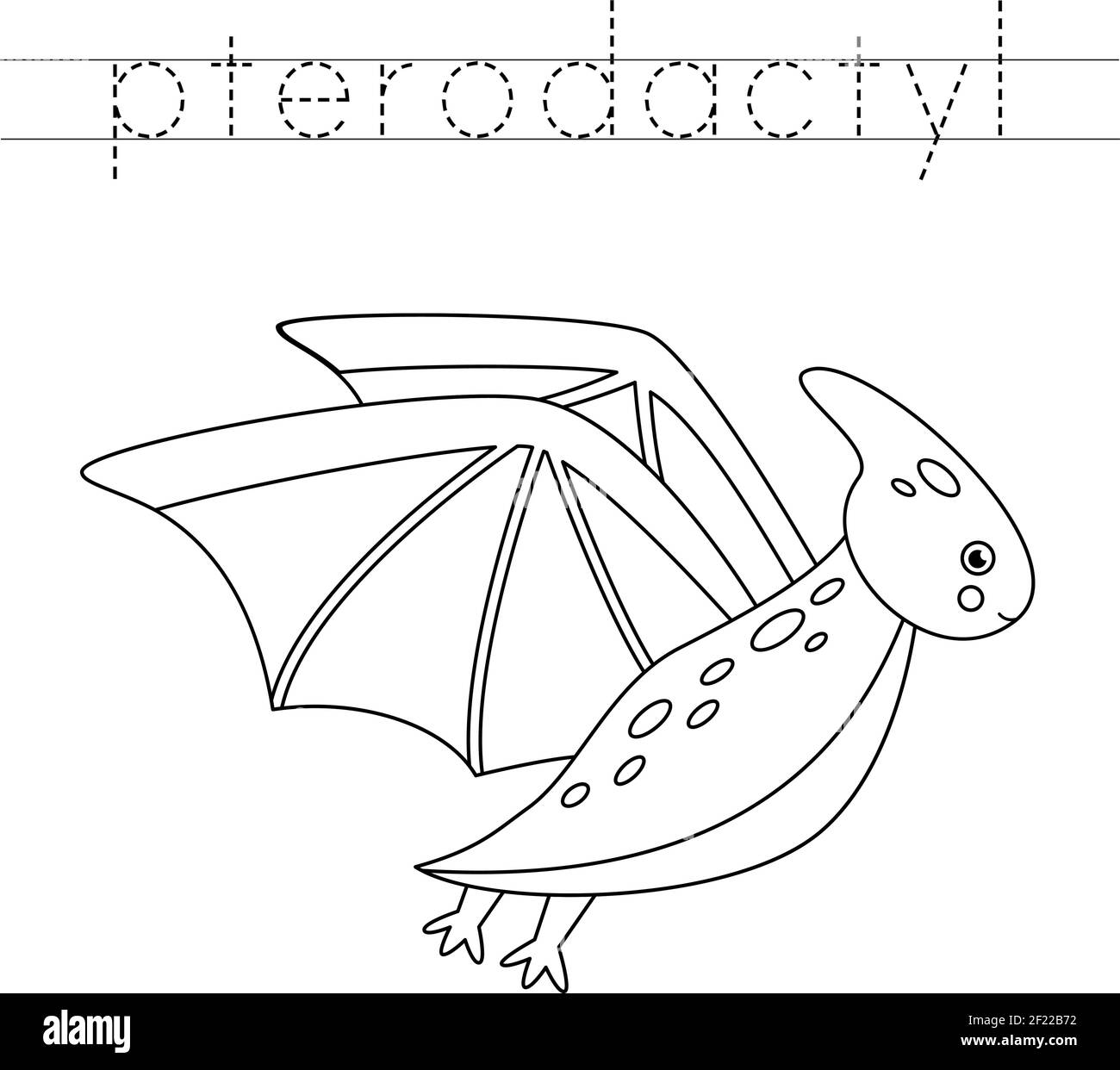 Verfolgen Sie die Namen der Dinosaurier. Farbe niedlich pterodactyl. Handschriftübungen für Kinder im Vorschulalter. Stock Vektor