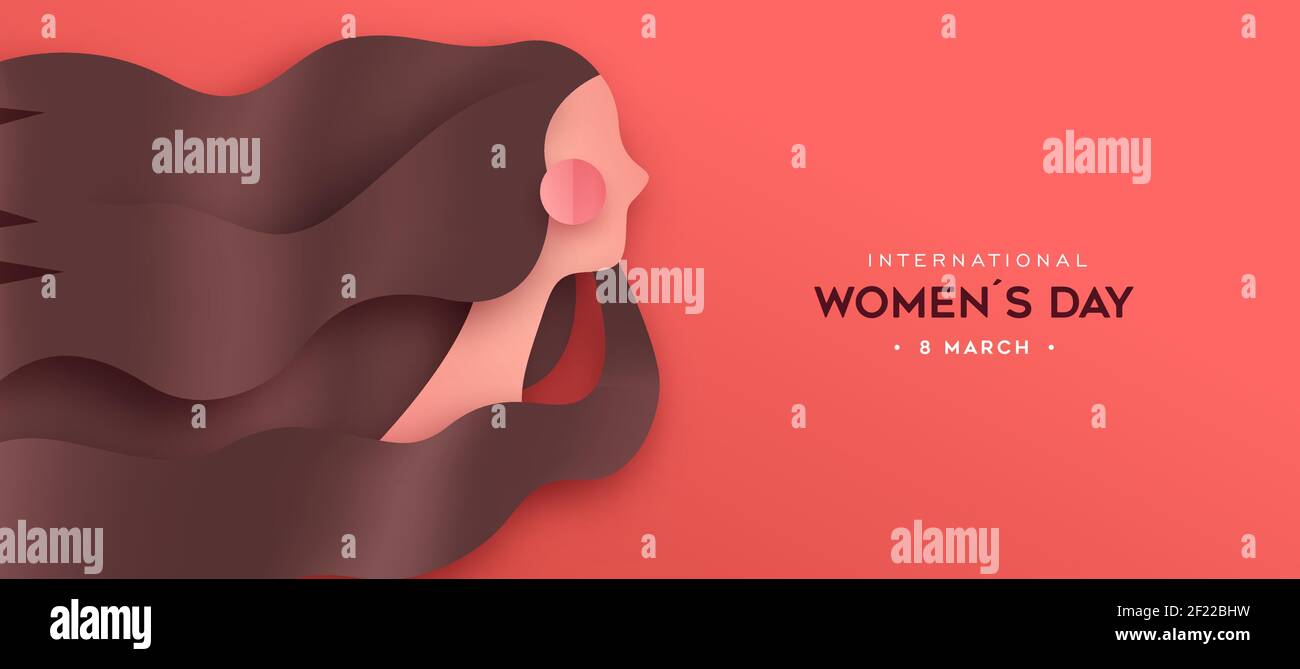 International Women's Day Webbanner Illustration. Schöne Papier geschnitten Frau mit langen Haaren für März 8th Frauenrechte Event Urlaub. Stock Vektor