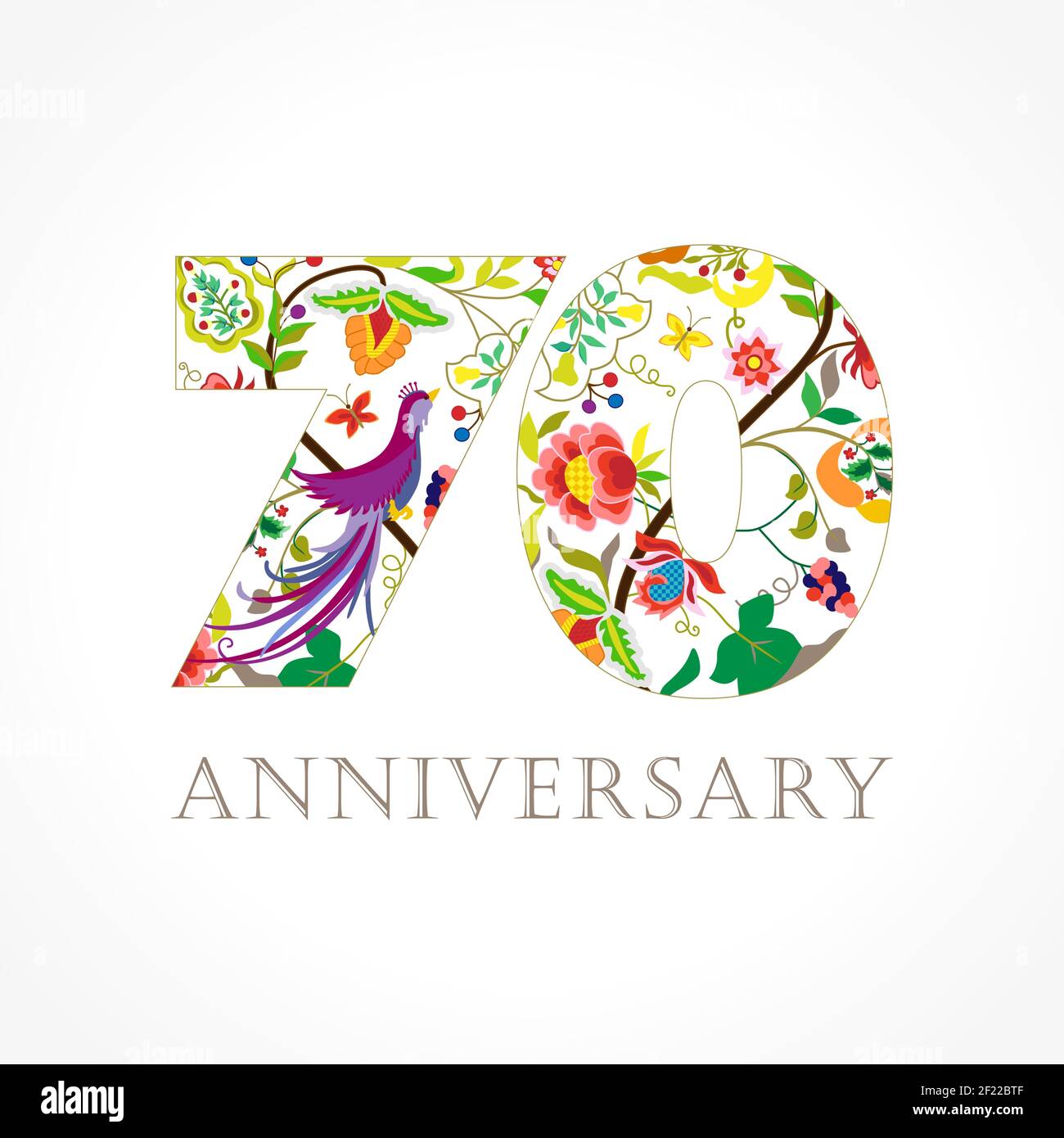 70 Jahre alt luxuriös feiern Folk-Logo. Vorlage farbige Glückliche Jubiläumgrüße, ethnische Blumen, Pflanzen, Paradies fliegende Vögel. Satz von tra Stock Vektor