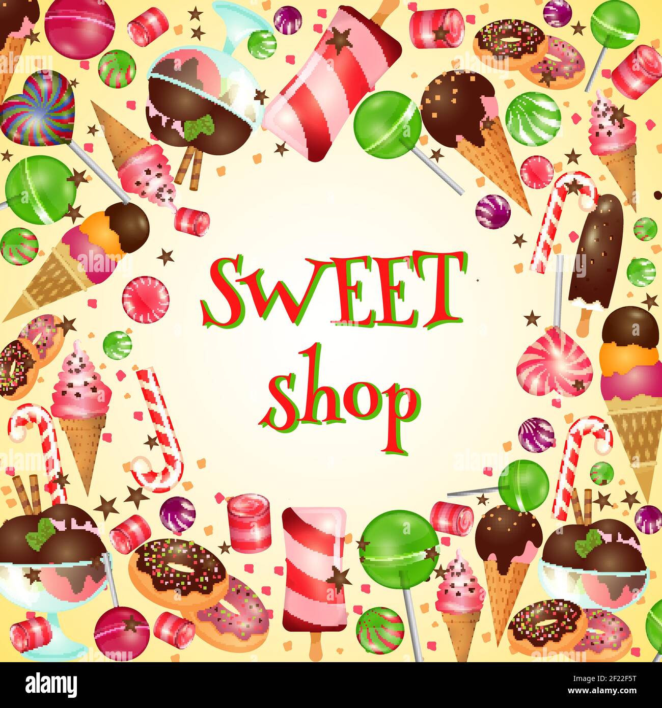 Süßes Ladenposter mit Bonbons und Lutschern. Eis, leckeres Essen, Vektorgrafik Stock Vektor