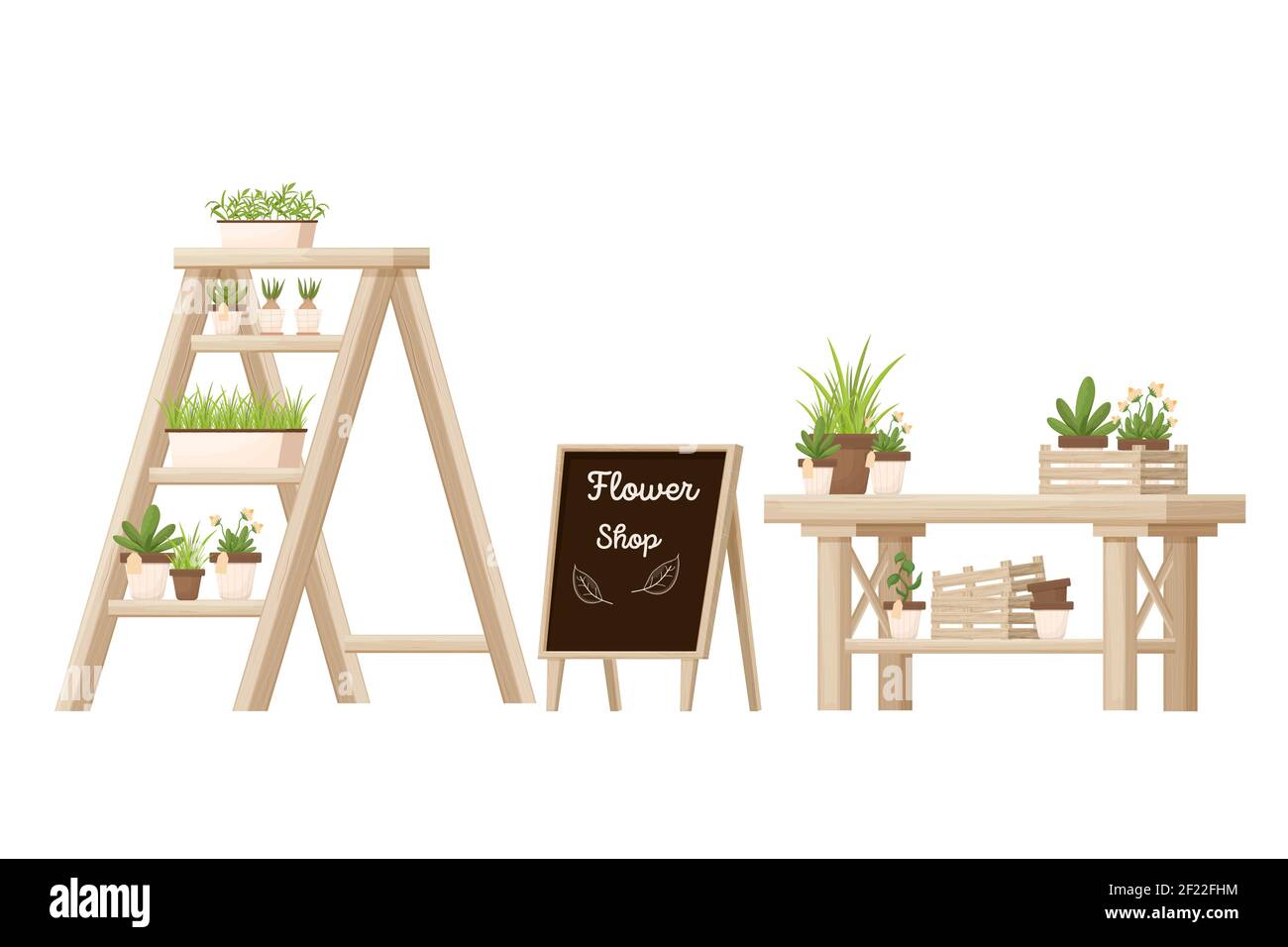 Blumengeschäft Holzmöbel, Ladenausstattung mit Regalleiter, Schreibtisch und Werbetafel isoliert auf weißem Hintergrund im Cartoon-Stil. Einzelhandel d Stock Vektor
