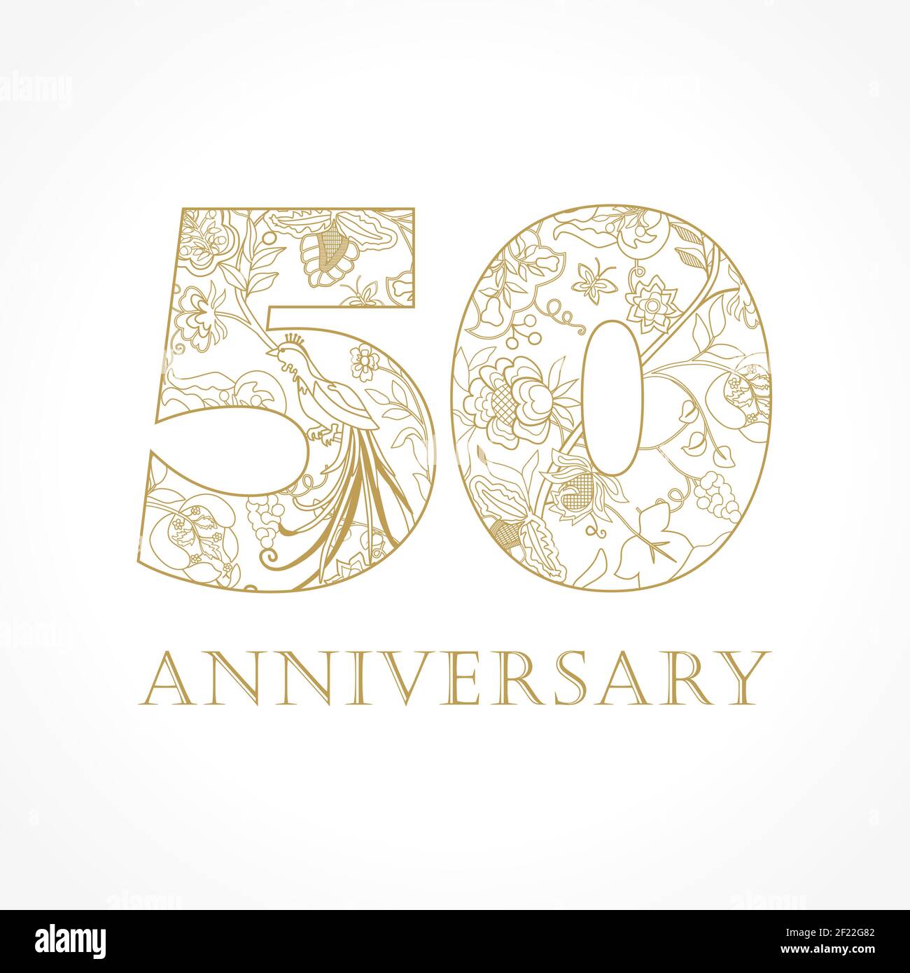 Kreatives Logo Konzept des 50th-jährigen Jubiläums in ethnischen Mustern und Paradiesvögeln. Isolierte abstrakte Grafik-Design-Vorlage. Top-50-Schild. Stock Vektor
