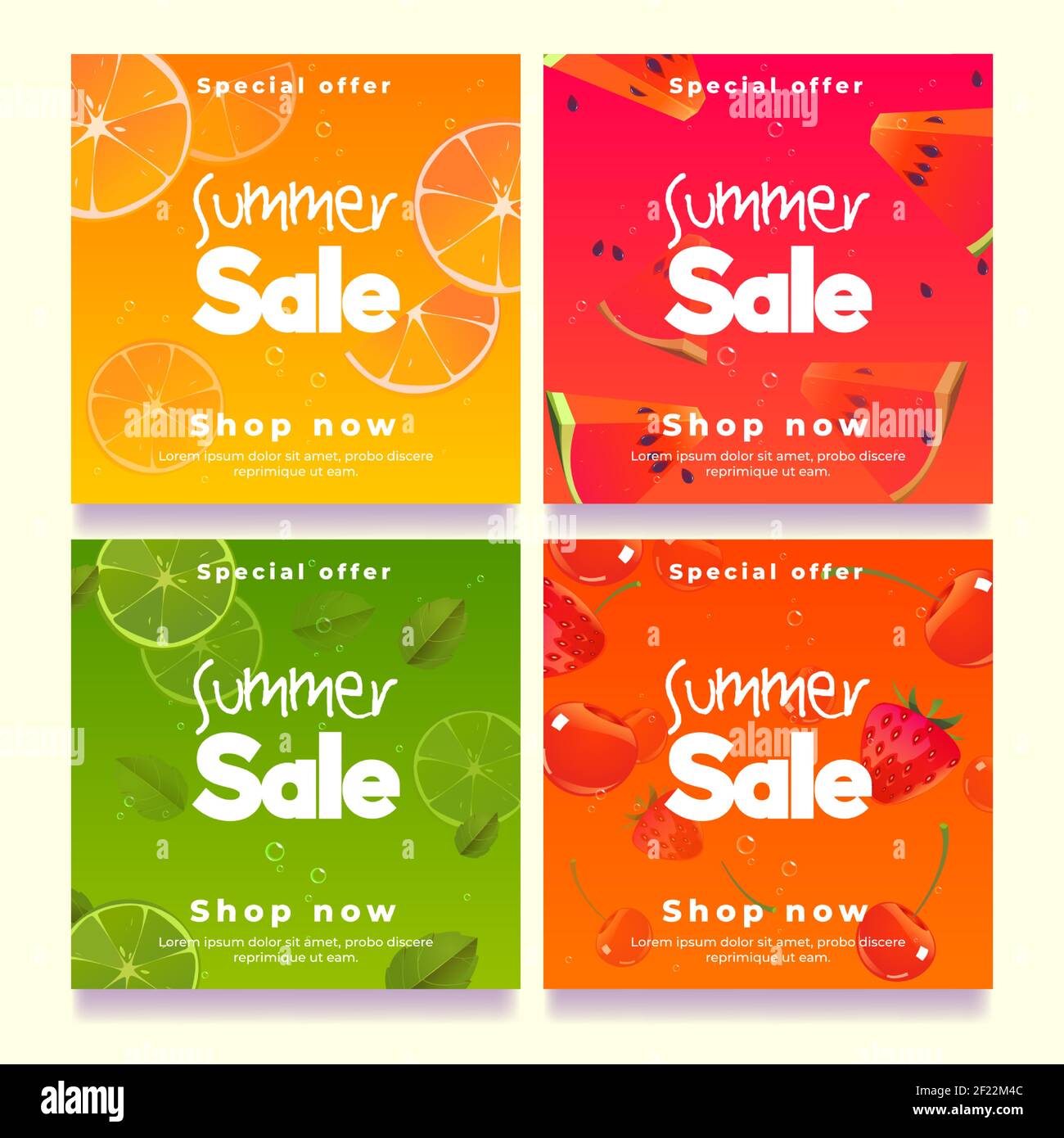 Sommer Verkauf Banner, Social Media Post Vorlage. Vektor-Set von quadratischen Plakaten für die Förderung und Werbung mit Cartoon-Illustration von Obst Scheiben, Wassermelone, Orange, Erdbeeren und Kirschen Stock Vektor