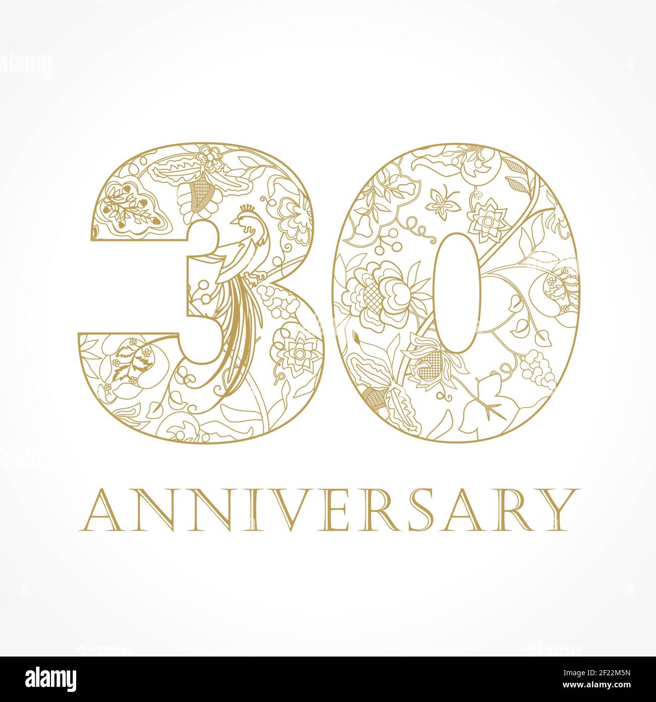 Kreatives Logo Konzept des 30th-jährigen Jubiläums in ethnischen Mustern und Paradiesvögeln. Isolierte abstrakte Grafik-Design-Vorlage. Top-30-Schild. Stock Vektor