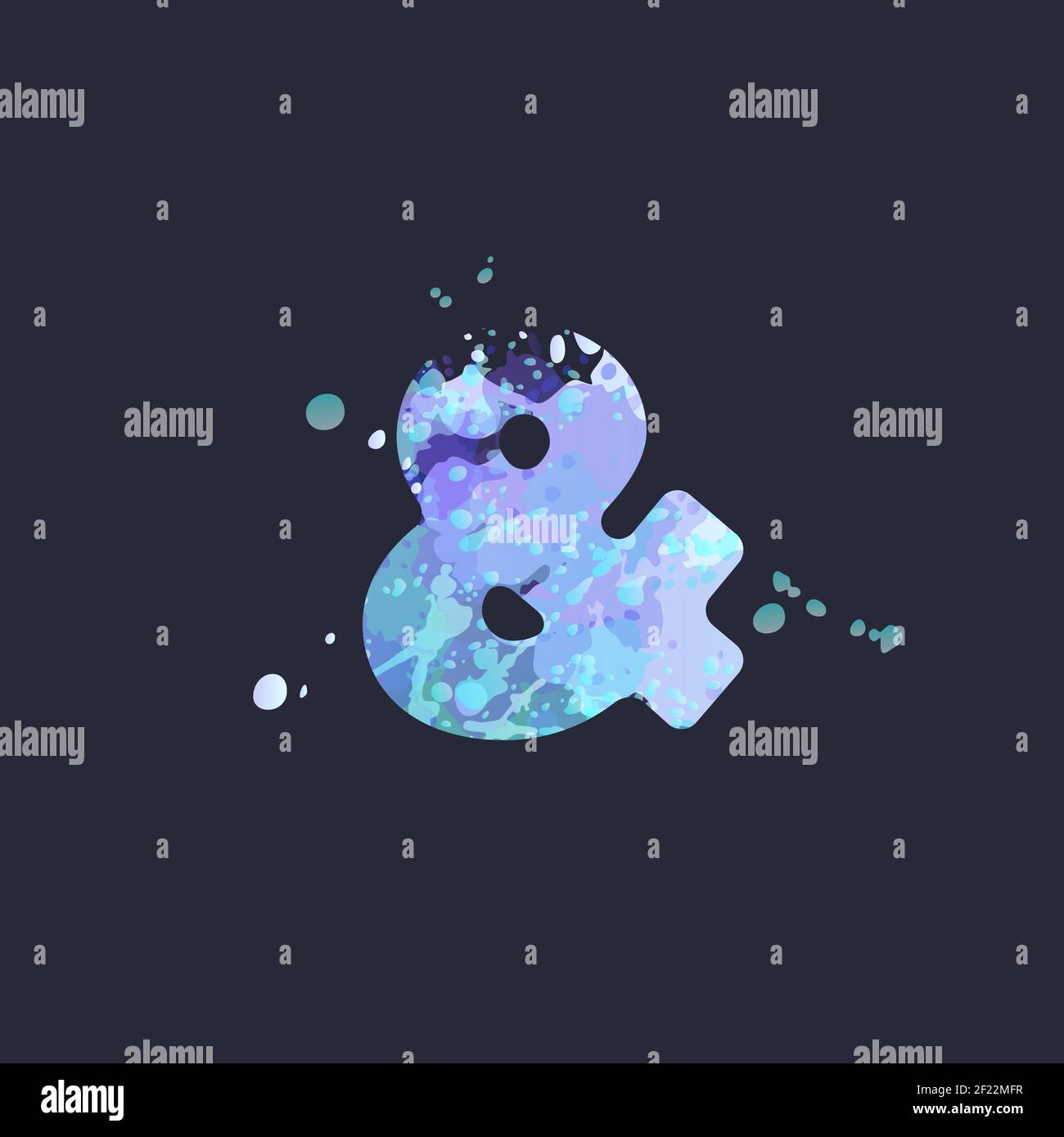 Ampersand mit Wirkung von flüssigen Farbflecken in blau, weiß, lila Farben auf dunkelnavy Hintergrund. Dekorationselement für die Wintergestaltung eines Flyers, Plakats, Kalenders, Deckblattes, Titels. Vektor EPS10 Stock Vektor