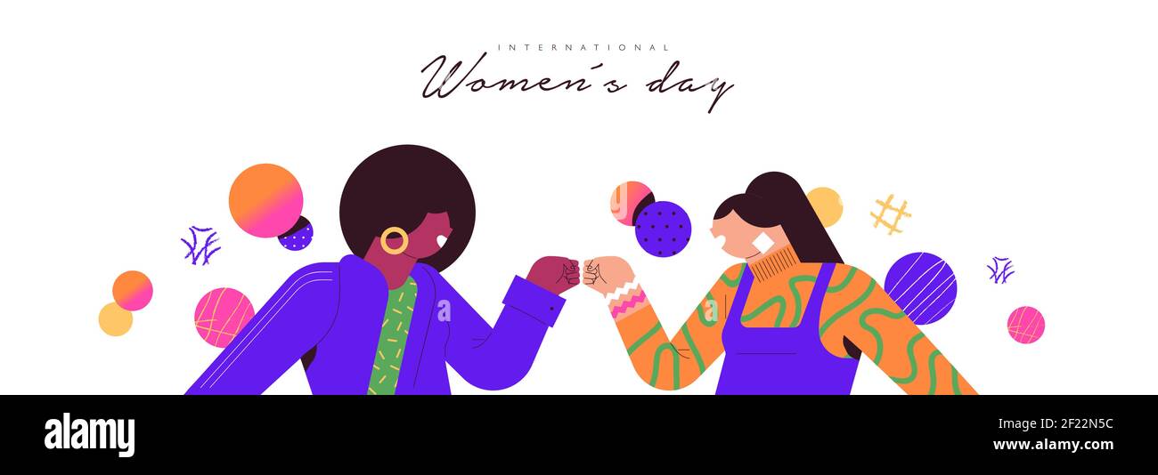 International Women's Day Web-Banner Illustration von zwei Freundinnen tun Faust Beule Geste für Frauenrechte Veranstaltung. Multiethnische Mädchen Freundschaftsgruppe. Stock Vektor