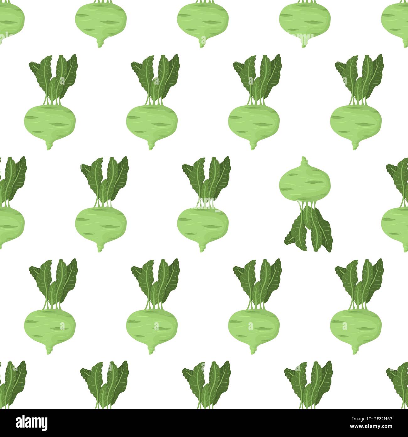 Cartoon Nahtloses Muster für Papierdesign mit grüner Kohlrabi Wurzel mit grünem Blatt. Farbenfroher Hintergrund. Auffälliges Element - invertiertes Gemüse. Stock Vektor
