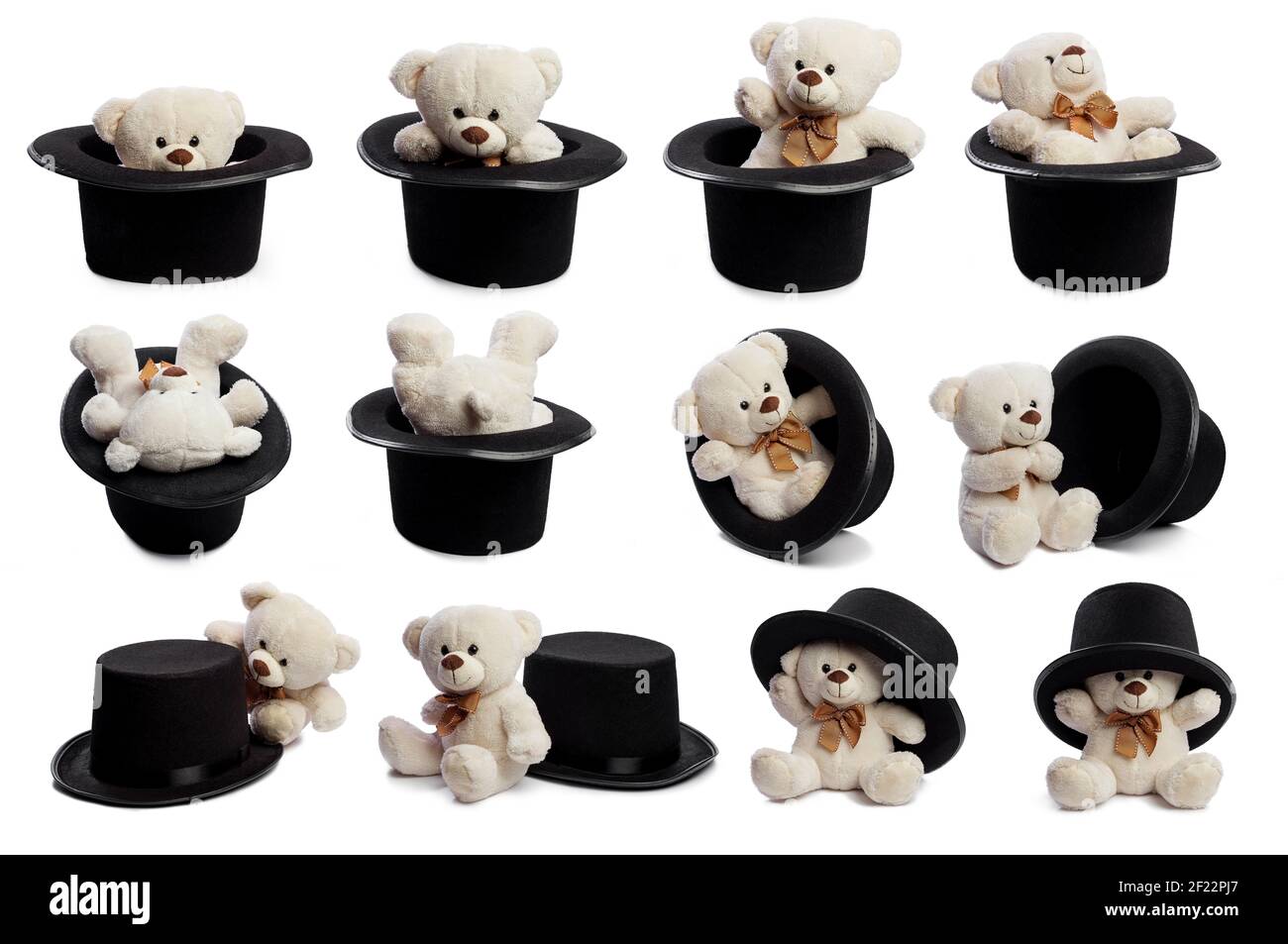 Isolierter Teddybär mit schwarzem Hut auf perfekt weißem Hintergrund Stockfoto