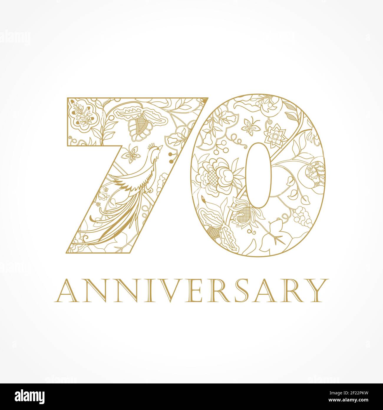 Kreatives Logo Konzept des 70th-jährigen Jubiläums in ethnischen Mustern und Paradiesvögeln. Isolierte abstrakte Grafik-Design-Vorlage. Top-70-Schild. Stock Vektor