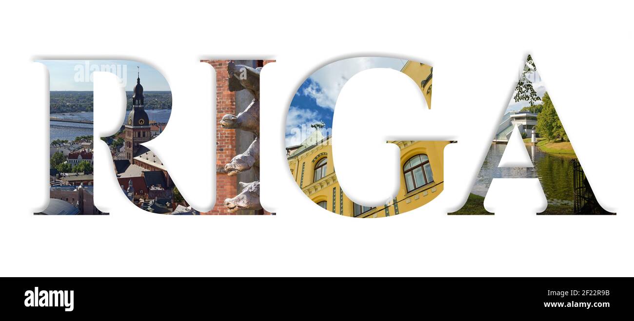 Wort Riga, in dem ein Foto, das ein Wahrzeichen von Die Stadt wird auf jeden Buchstaben angewendet Stockfoto