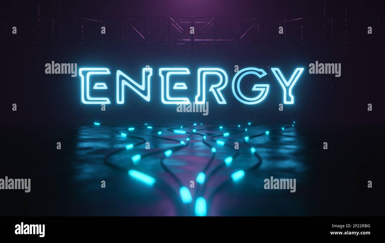 Energy Neon-Schild mit glühendem Kabel Stockfoto