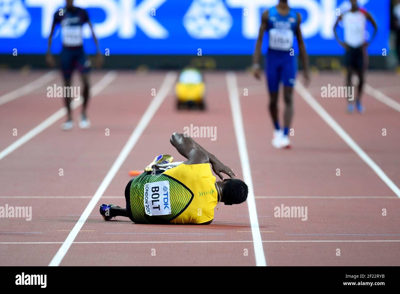 Usain Bolt (JAM) Verletzung in 4 x 100 Meter Staffel Männer während der Leichtathletik-Weltmeisterschaften 2017, im Olympiastadion, in London, Großbritannien, Tag 9, Am 12th. August 2017 - Foto Julien Crosnier/ KMSP / DPPI Stockfoto
