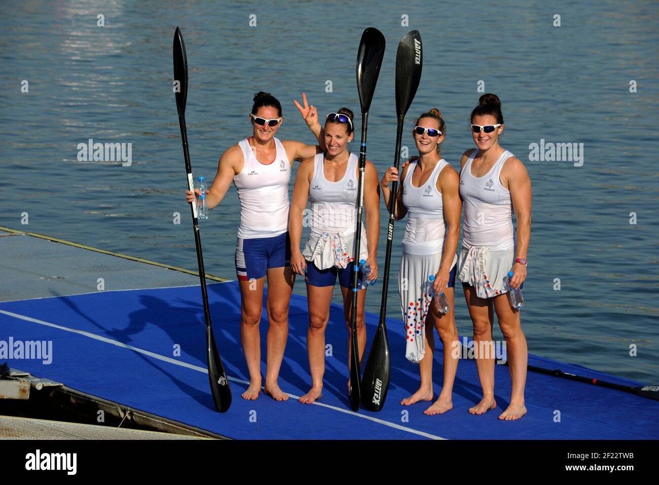 Sarah Guyot, Manon Hostens, Sarah Troel und Lea Jamelot aus Frankreich treten in K4 Frauen 500 m während der ICF Kanusprint-Weltmeisterschaft 2017 in Racice, Tschechische Republik, Tag 4, 26th. August 2017 - Foto Jean-Marie Hervio / KMSP / DPPI Stockfoto