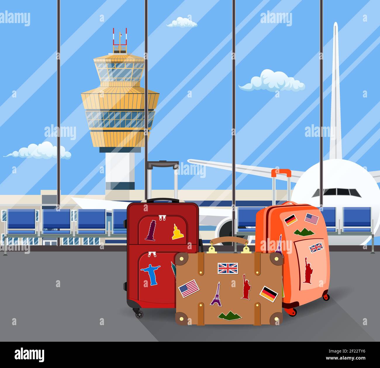 Reisen Koffer innerhalb des Flughafens mit einem Flugzeug, Stock Vektor