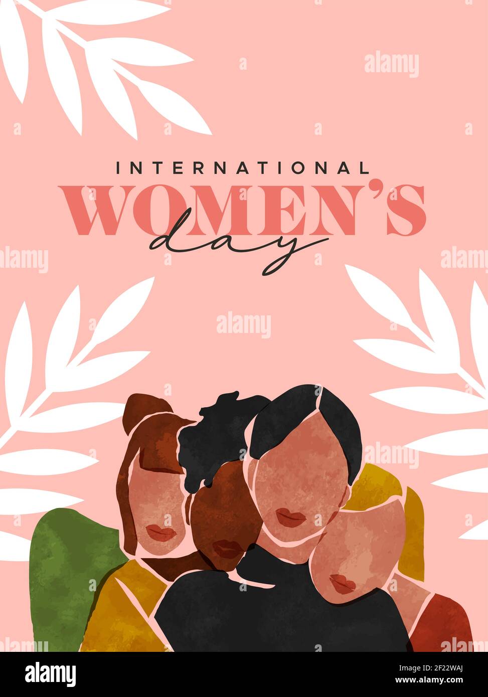 Internationaler Frauentag Illustration von Frauen Freundinnen Porträt umarmt zusammen. Multi ethnische Mädchen Charaktere in modernen abstrakten Malstil für Stock Vektor