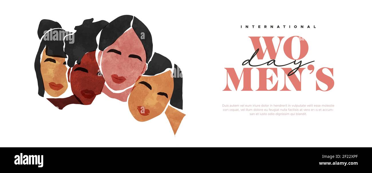 Internationale Frauentag Web-Vorlage von Frauen Freunde Porträt zusammen. Multi ethnische Mädchen Charaktere in modernen abstrakten Malstil für besondere Stock Vektor