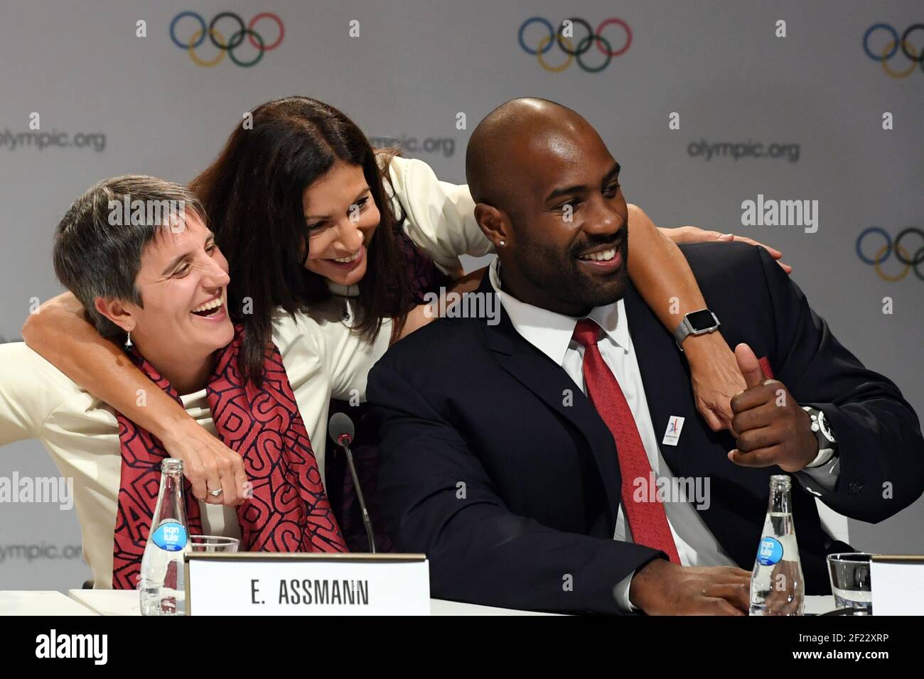 Präsident des handisports Verband Emmanuelle Assmann, Bürgermeisterin von Paris Anne Hidalgo, und Teddy Riner während der Olympischen und Paralympischen Spiele 2024 Gastgeber Stadtwahl, Lima, 13. September 2017, Foto Philippe Millereau / KMSP / PARIS 2024 / DPPI Stockfoto