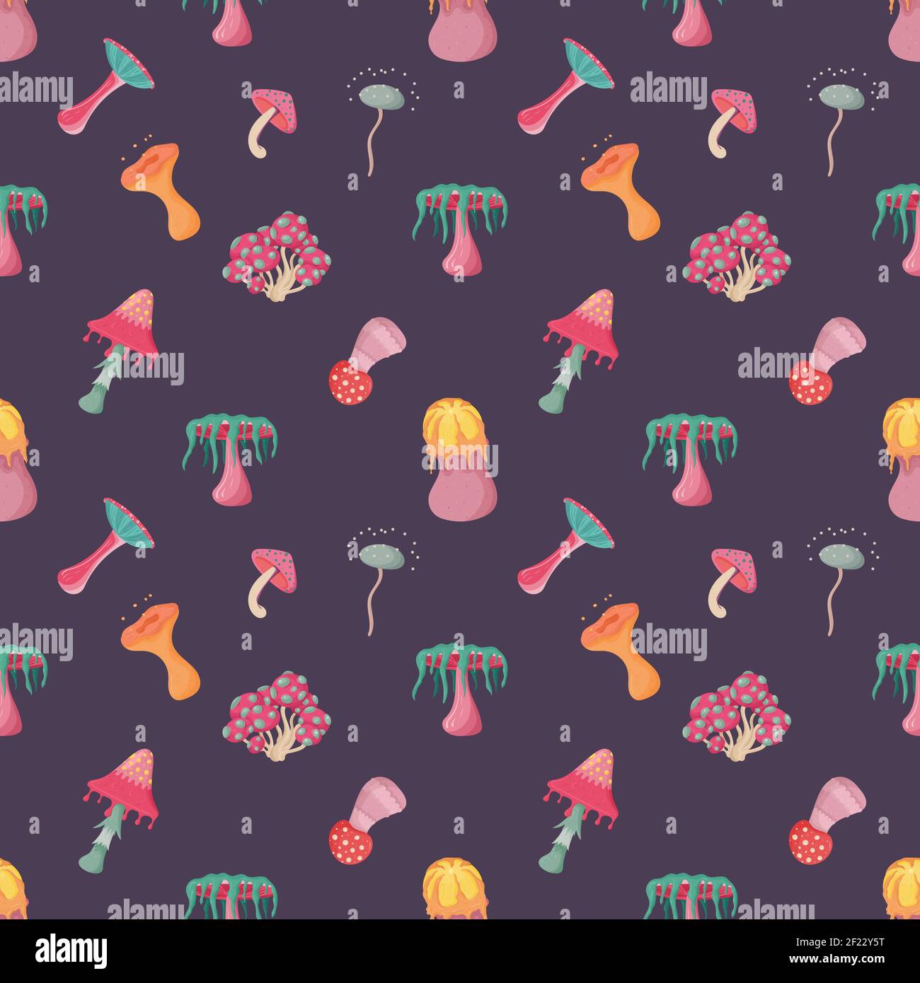 Fantasy Alien Pilz nahtlose Muster auf dunkelviolettem Hintergrund. Fantastische Konzeptkunst für dekorative Gestaltung. Asset für Spiel. Gelbe, rosa, orange Pilz. Stock Vektor