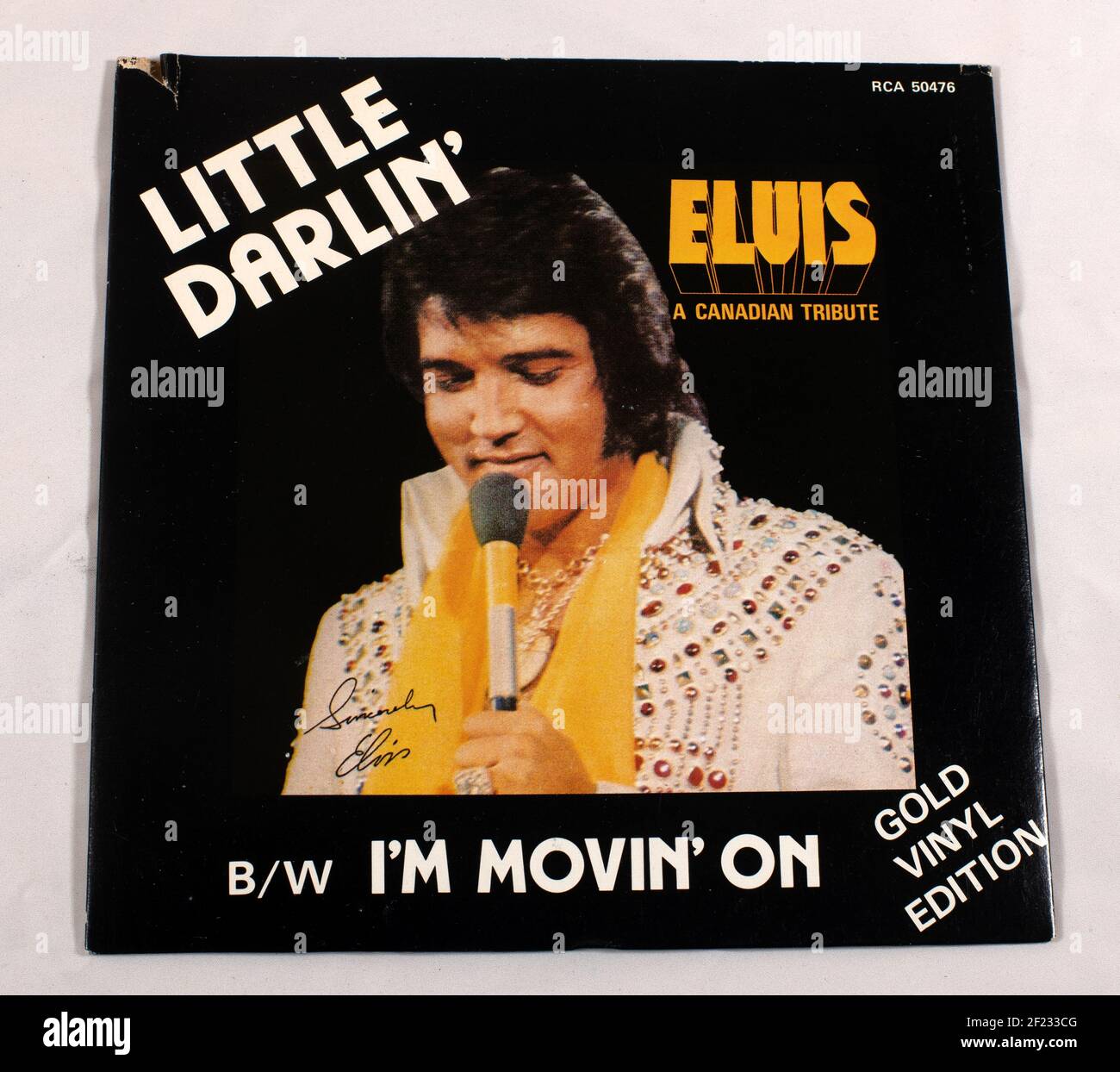 Picture Sleeve Elvis Presley Single auf Gold Vinyl 'Little Darlin' Sammlerstück. Stockfoto