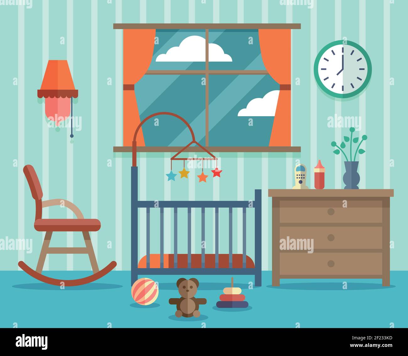 Kinderzimmer für das Neugeborene. Schaukelstuhl, Design Kindheit. Vektorgrafik flach Stock Vektor