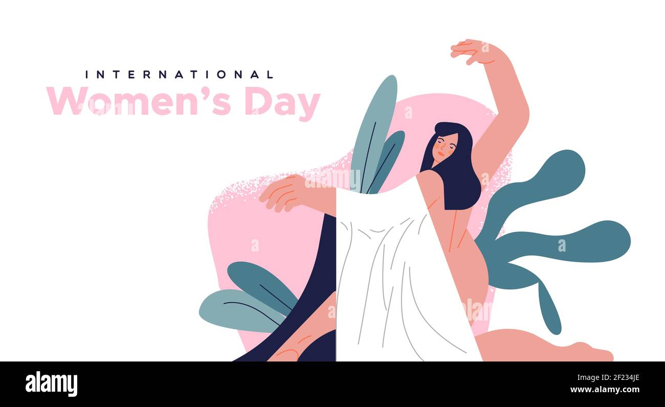 Internationaler Frauentag Grußkarte Illustration der schönen Frau Charakter mit Natur Dekoration in trendigen flachen Cartoon-Stil. Gleichstellung der Frauen Stock Vektor