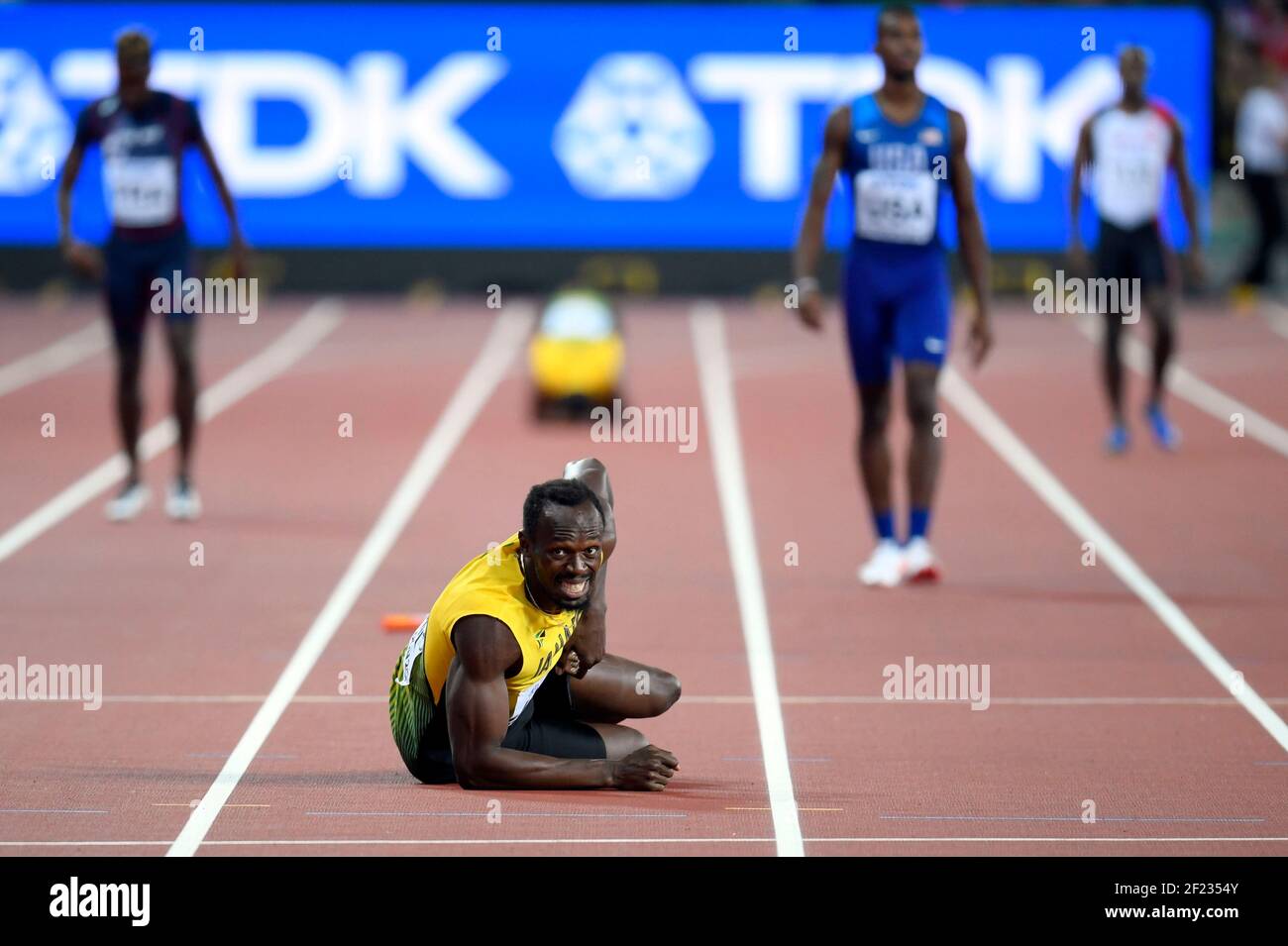 Usain Bolt (JAM) Verletzung in 4 x 100 Meter Staffel Männer während der Leichtathletik-Weltmeisterschaften 2017, im Olympiastadion, in London, Großbritannien, Tag 9, Am 12th. August 2017 - Foto Julien Crosnier/ KMSP / DPPI Stockfoto