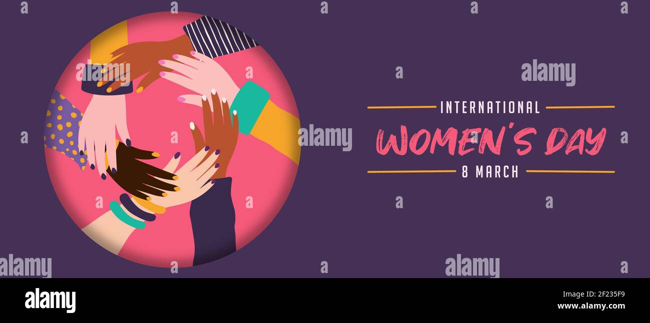 International Women's Web Banner Illustration von verschiedenen Frauen Hände Kreis halten sich gegenseitig. Stronger Together Text Zitat für Frauenrechte Veranstaltung. M Stock Vektor