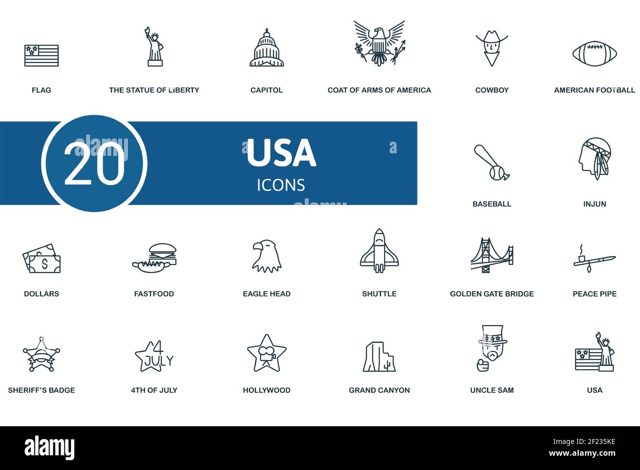 USA-Symbolsatz. Enthält editierbare Symbole usa Thema wie die Freiheitsstatue, Wappen von amerika, american Football und mehr. Stock Vektor