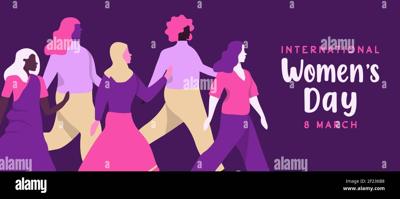 International Women's Day Banner Illustration von verschiedenen Frauen Menschenmenge zu Fuß in Parade zusammen. Happy junge Mädchen Zeichen, moderne flache Cartoon-Stil Stock Vektor