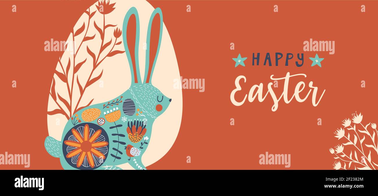 Frohe Ostern Grußkarte mit niedlichem Kaninchen und Ei mit Naturschmuck im traditionellen handgezeichneten Stil. Weihnachtsbebilderung für Tradition Stock Vektor