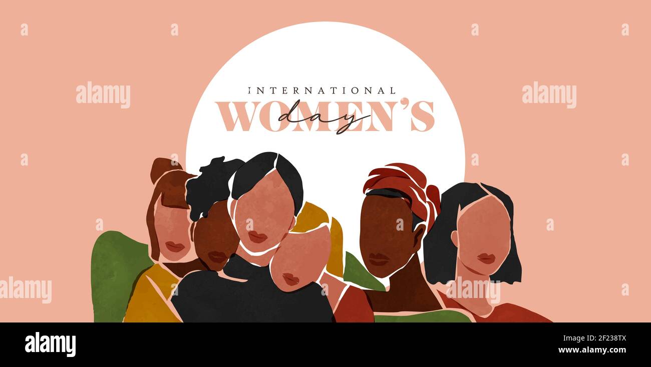 International Women's Day Webbanner Illustration. Verschiedene Frauen unterschiedlicher Kulturen und Alter. Moderne abstrakte Kunst weibliche Freunde Charakter Porträt Stock Vektor