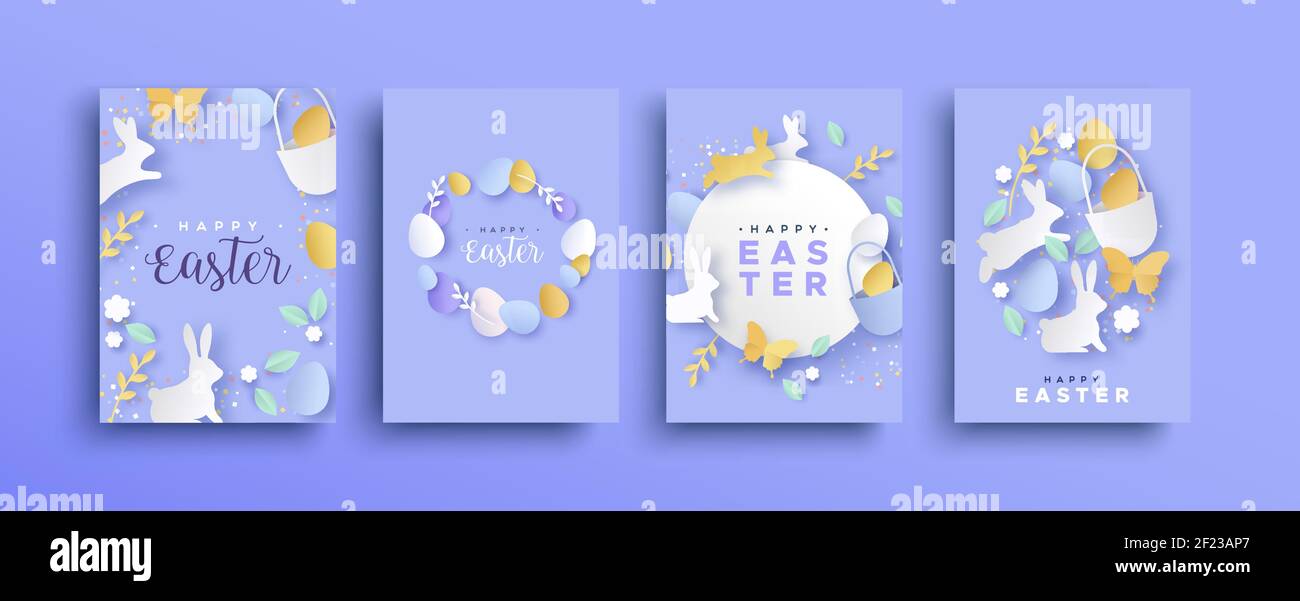 Frohe ostern papercut Grußkarte Satz von 3D Papier Handwerk Frühling Ikonen. Bunte Ausschnitt Banner-Kollektion umfasst Kaninchen, Blumen, Eier und Schmetterling Stock Vektor