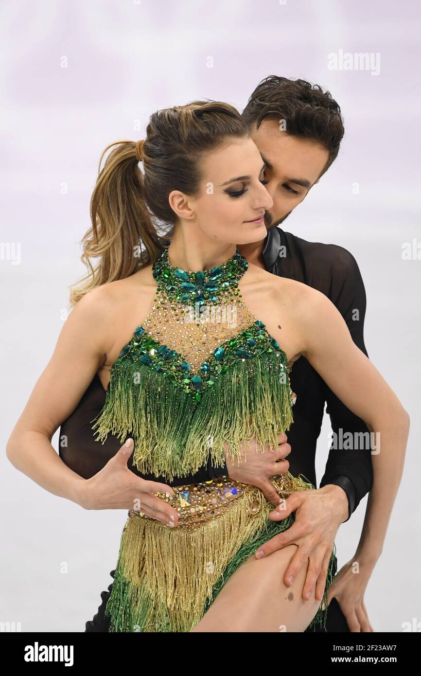 Gabriella Papadakis und Guillaume Cizeron während der XXIII. Olympischen Winterspiele Pyeongchang 2018, Eiskunstlauf, Ice Dance Kurzprogramm, am 19. Februar 2018, in der Gangneung Ice Arena in Pyeongchang, Südkorea - Foto Philippe Millereau / KMSP / DPPI Stockfoto
