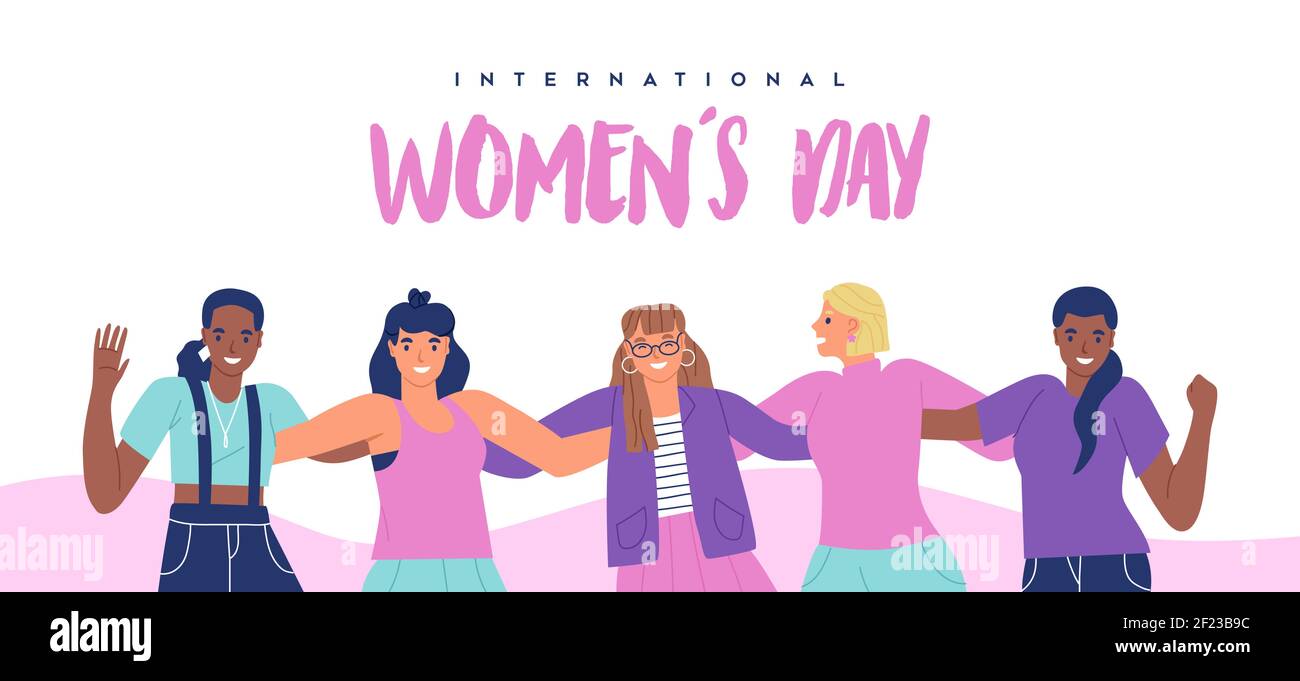 International Women's Day Banner Illustration von verschiedenen jungen Frauen stehen Gemeinsam für besondere Frauenrechte-Event-Feiertag oder feministische Kampagne Des Stock Vektor