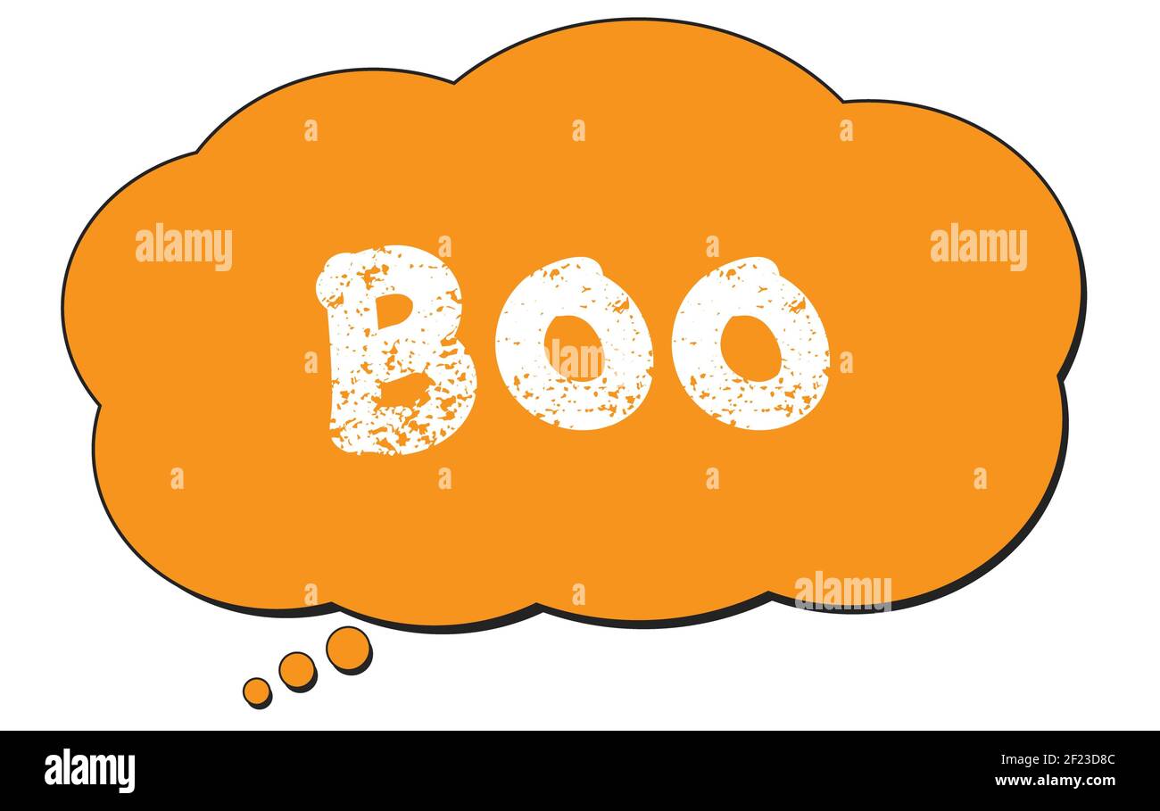 BOO-Text auf einer orangefarbenen Gedankenwolke geschrieben. Stockfoto
