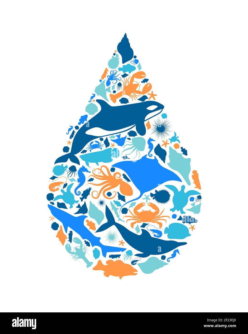Diverse marine Tierformen machen Wassertropfen Form auf isolierten weißen Hintergrund. Flache aquatische Tiere Silhouette Illustration. Aquarium Fische oder Tropf Stock Vektor